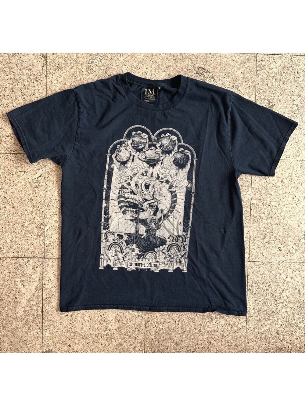 LM La Mort Clothing Black Skull Angel Graphic Tee Men's Large UK Goth Halloween